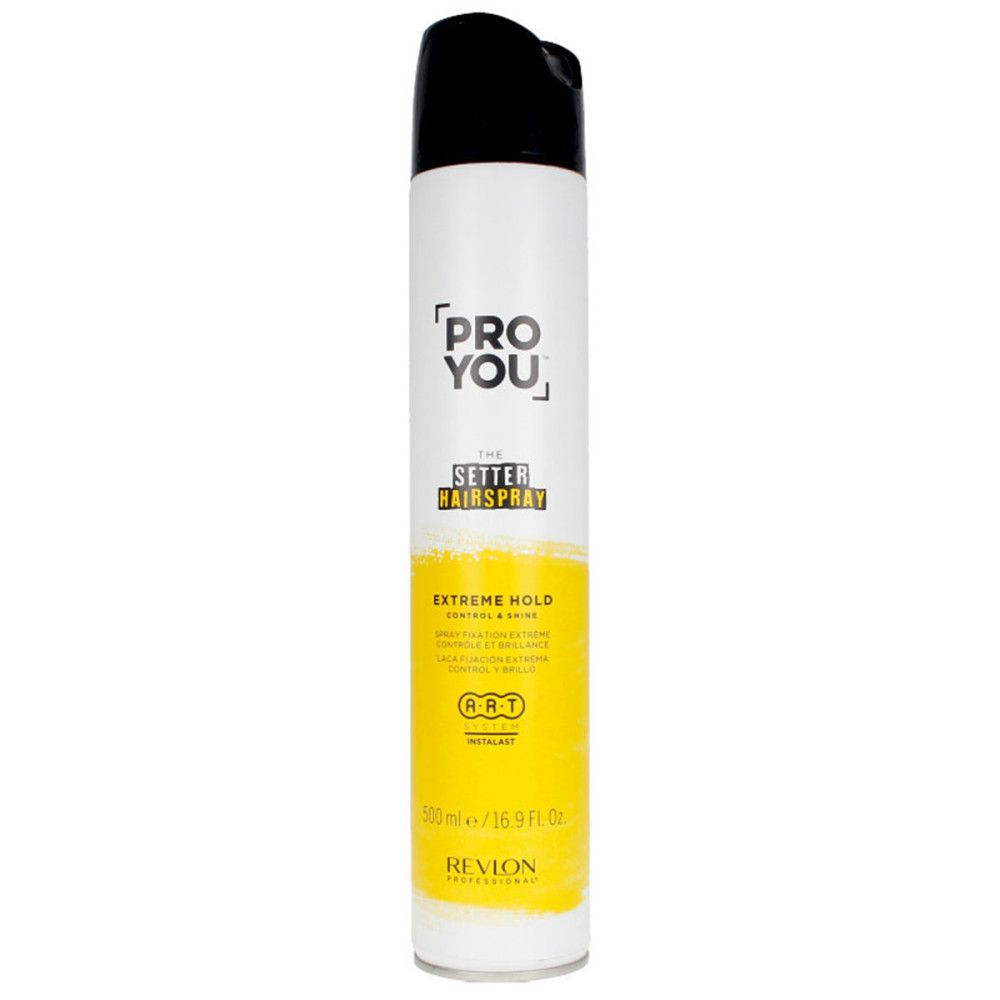 Witte haarspraybus met zwarte dop. Opschrift: PRO YOU, THE SETTER HAIRSPRAY, EXTREME HOLD. Merk: Revlon.
