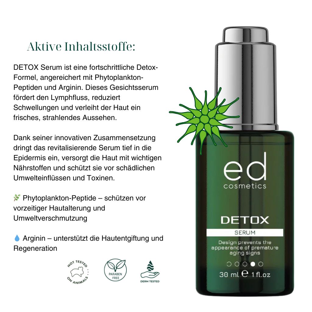 Flacon en verre vert avec bouchon argenté. Inscription: ed cosmetics, Detox Serum. Texte et illustration verte.