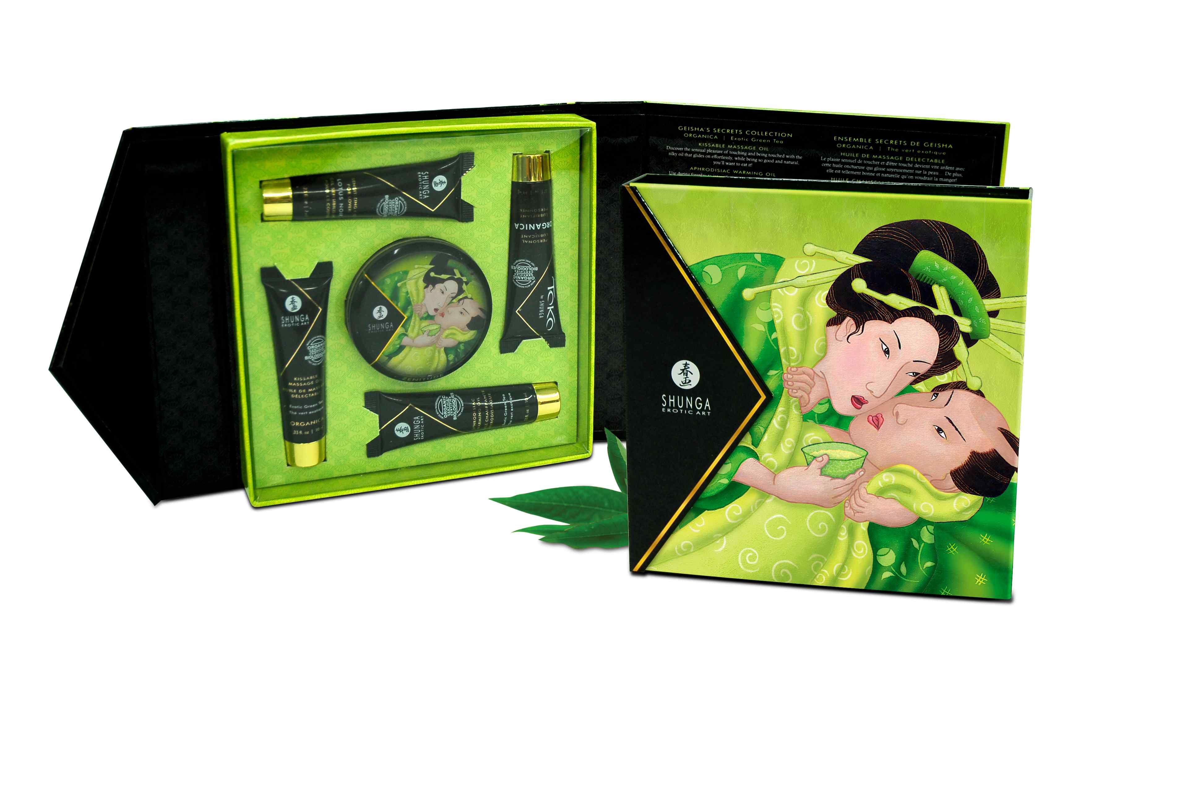 Groene geschenkverpakking. Bevat meerdere zwarte tubes en een ronde container. Op deksel een geisha-motief.