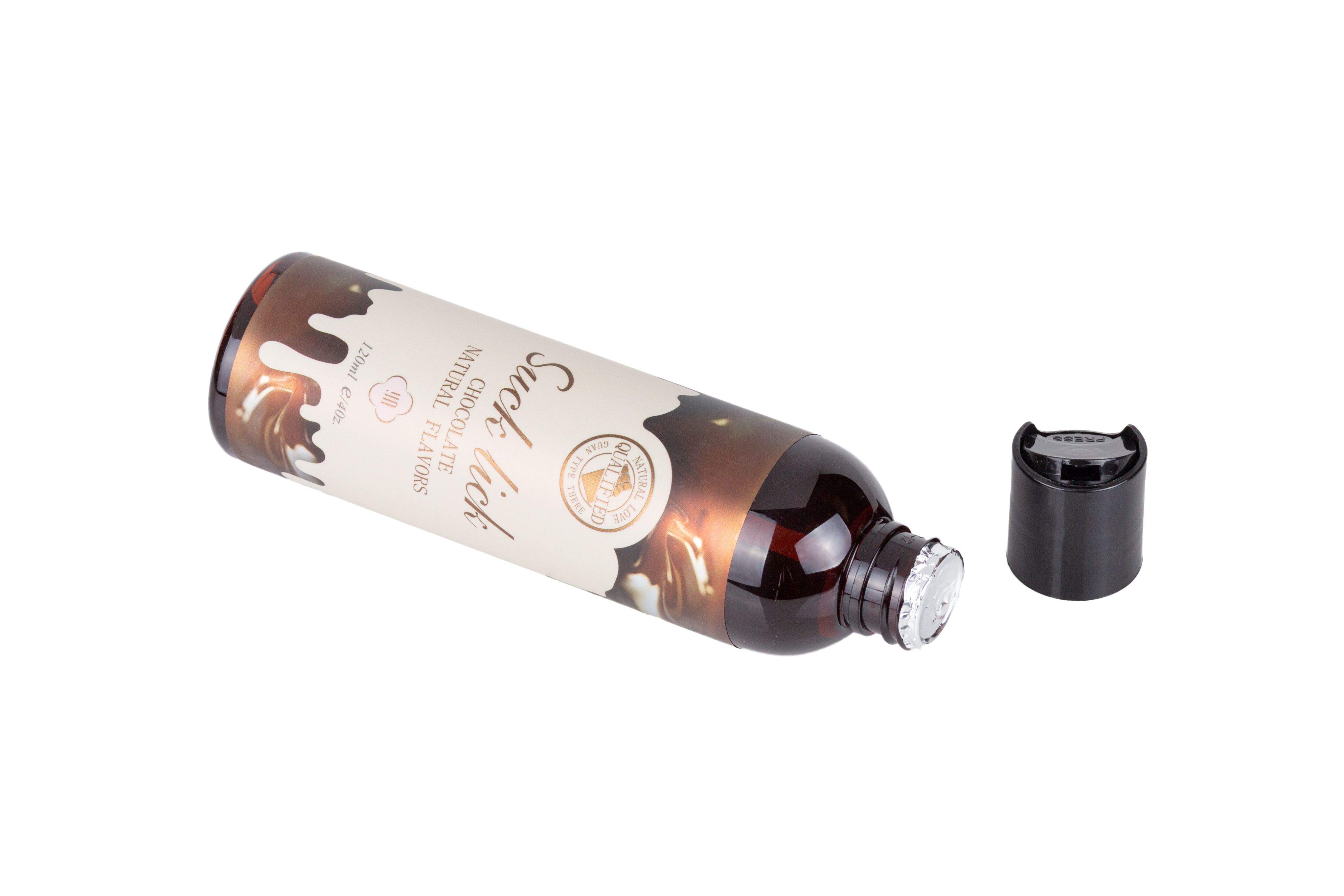 Bruine fles met zwarte dop. Opschrift: "Suck lick", "Chocolate Natural Flavors". Dop ernaast.