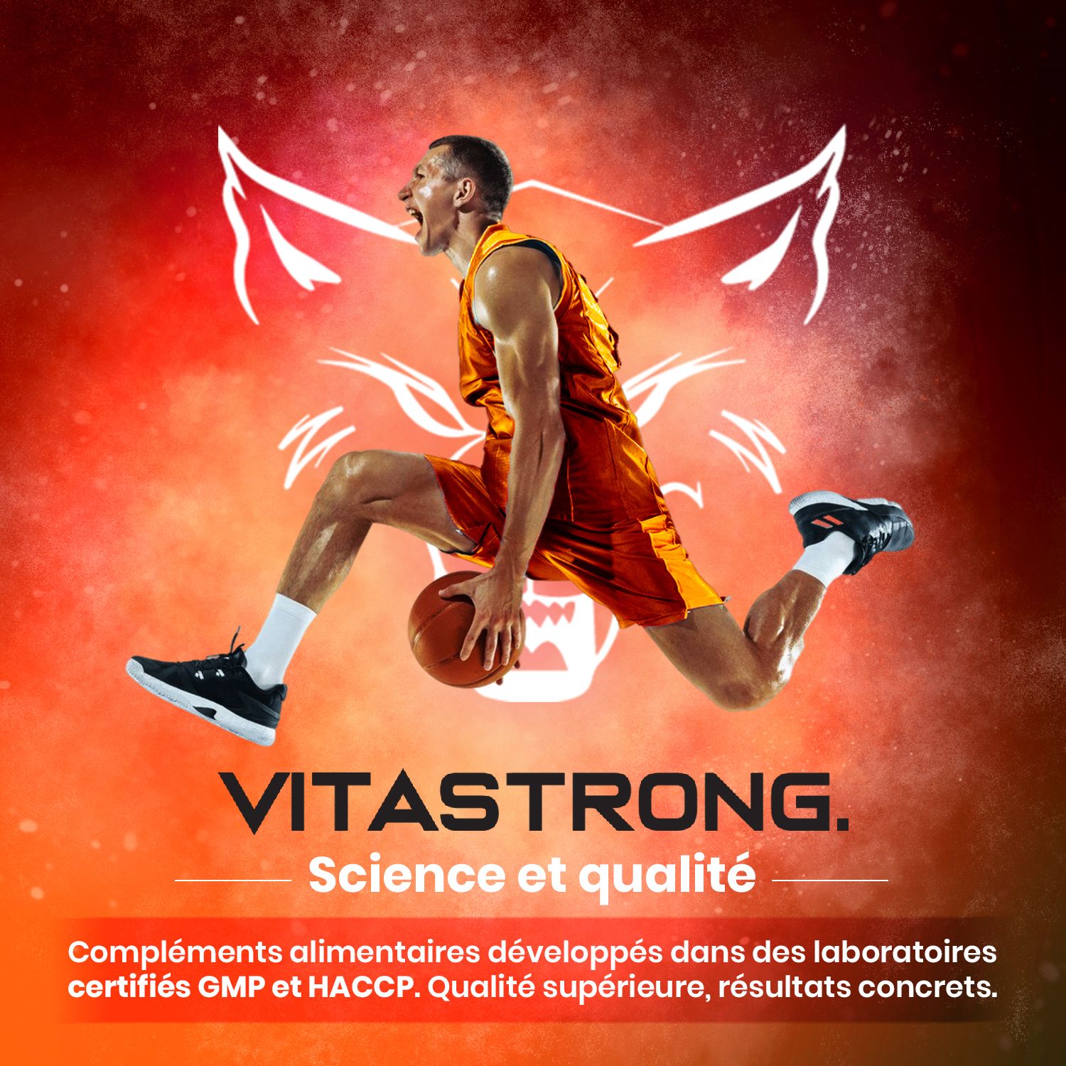 Vitastrong Energy Orange. Image avec joueur de basket-ball. Texte: Science et qualité.