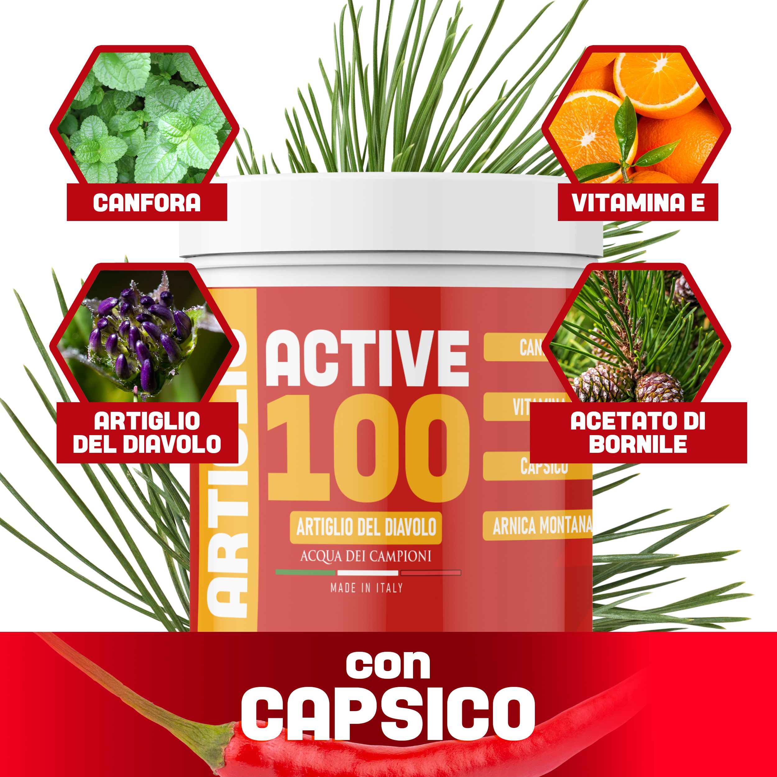 Pot met rood en geel label. Tekst: ACTIVE 100, Artiglio del Diavolo, Made in Italy. Geïllustreerde ingrediënten.