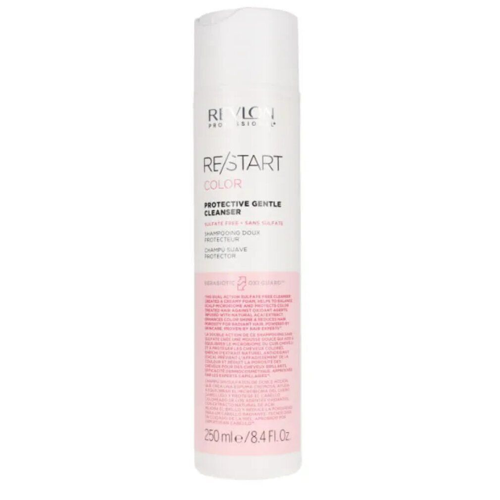 Flacon blanc avec étiquette rose. Inscription: Revlon, Re/Start Color, Protective Gentle Cleanser. 250 ml.