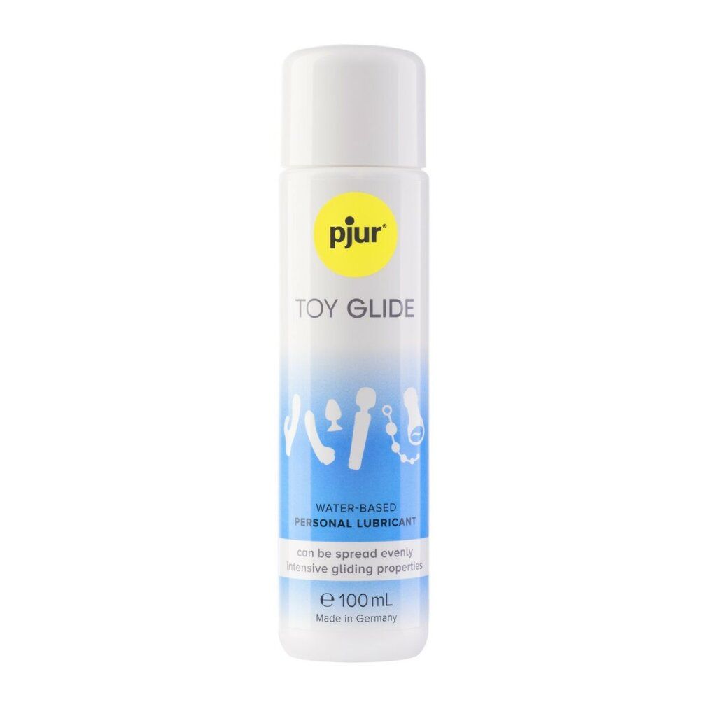 Flacon blanc avec logo jaune pjur et nom du produit "TOY GLIDE". Contient des illustrations de sex toys. "WATER-BASED PERSONAL LUBRICANT". Fabriqué en Allemagne.