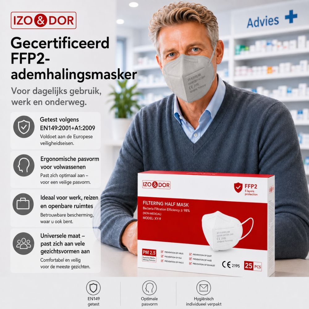 Vrouw met grijs FFP2-masker; bescherming: 5 lagen, CE-gecertificeerd, individueel verpakt.