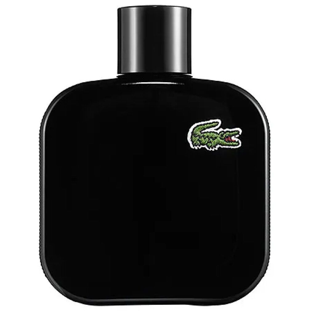 Flacon noir avec bouchon noir. Logo crocodile vert sur le flacon. Le flacon a une forme arrondie.