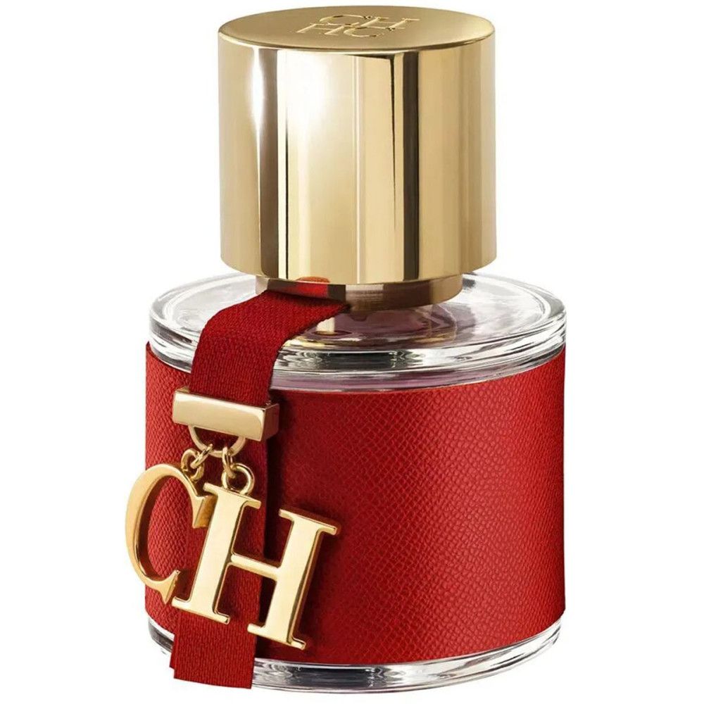 Flacon rouge avec bouchon doré et breloque. Breloque dorée avec logo CH.