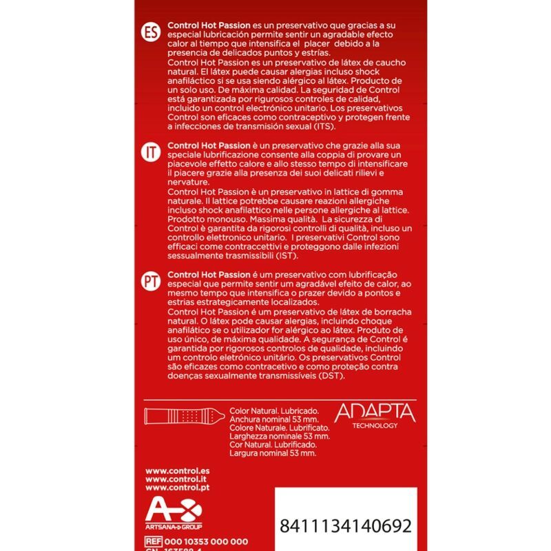 Achterkant van de Control Hot Passion condoomverpakking met productinformatie en CE-markering.