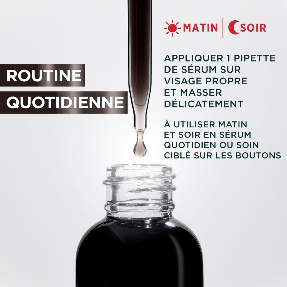 Sérum anti-imperfections Garnier au charbon, 4% Niacinamide + AHA + BHA, pour peaux à tendance acnéique.