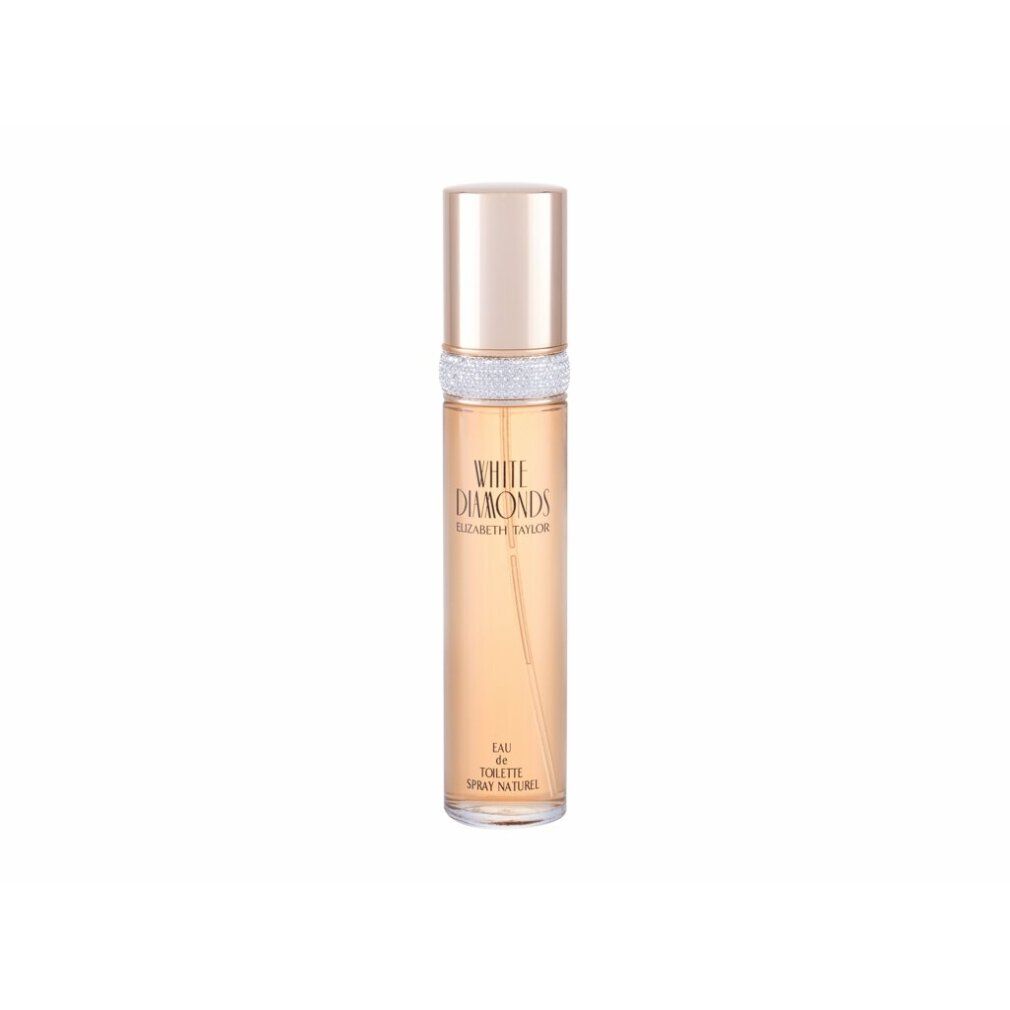 Flacon de parfum avec bouchon doré et bande de strass. Nom du produit et marque sur le flacon.