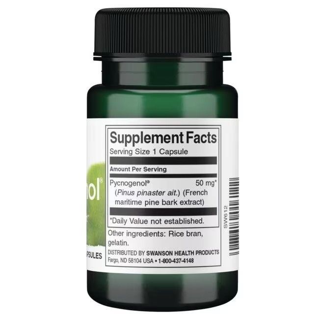 Arrière d'une bouteille verte de Swanson Pycnogenol, informations nutritionnelles, 50 mg par capsule.