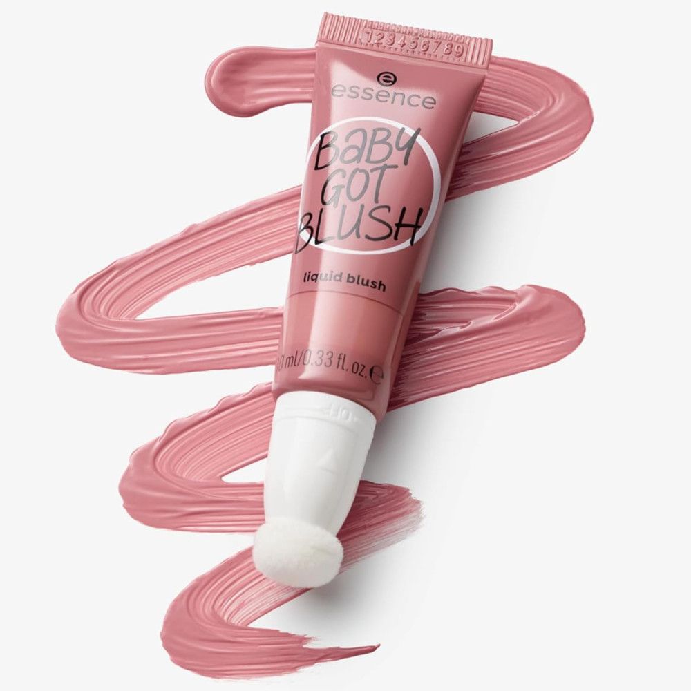 Roze vloeibare blush tube met roze kleurspat. Witte tekst "Baby Got Blush" en "liquid blush". Merk: Essence. 10 ml/0.33 fl.oz.