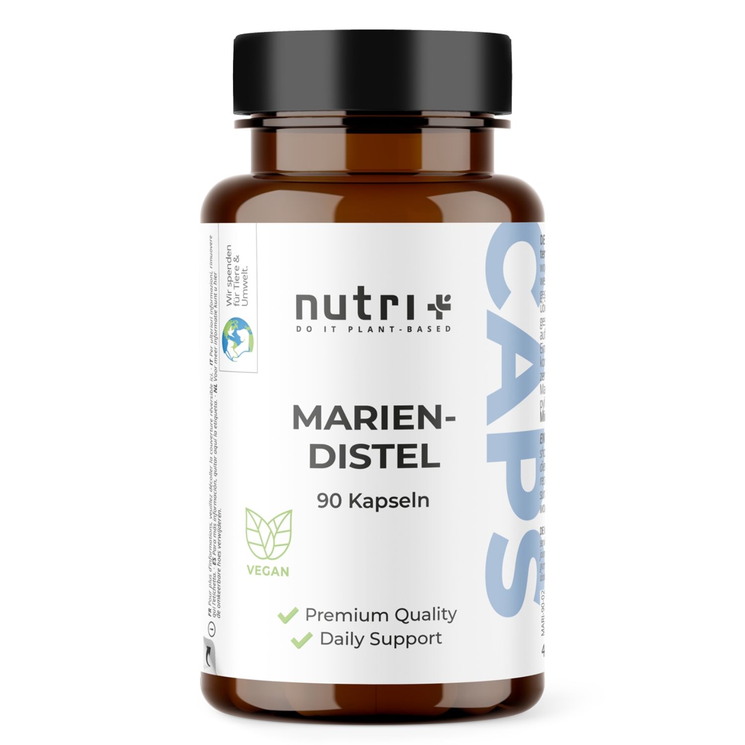 Bruine fles met zwarte dop. Opschrift: Mariendistel Kapseln, 90 capsules. Vegan-zegel.