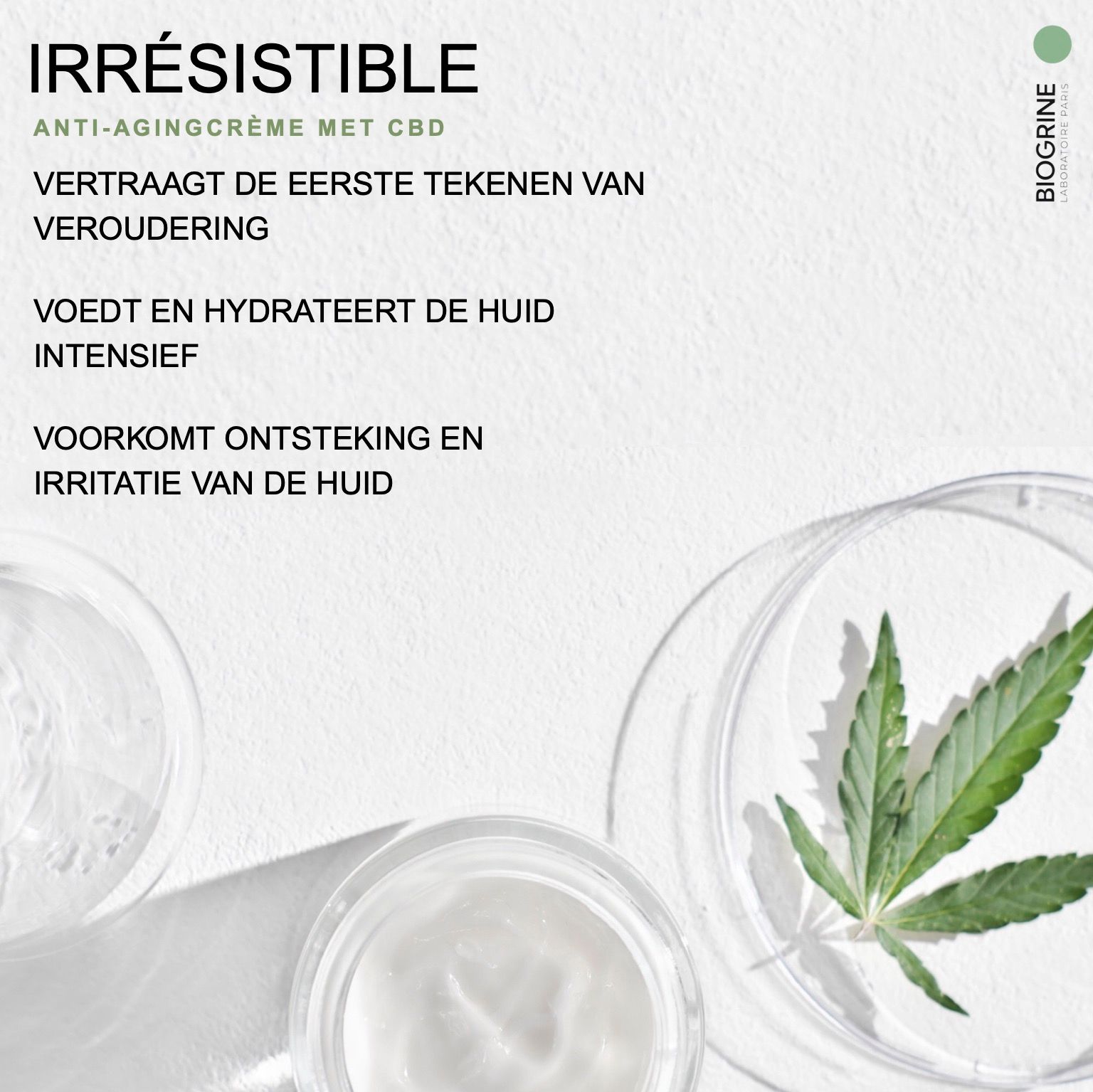 BIOGRINE „SERENITY“ crème en verpakking. Logo's: Niet getest op dieren, Vegan, Laboratorium getest, 18+, THC-vrij.