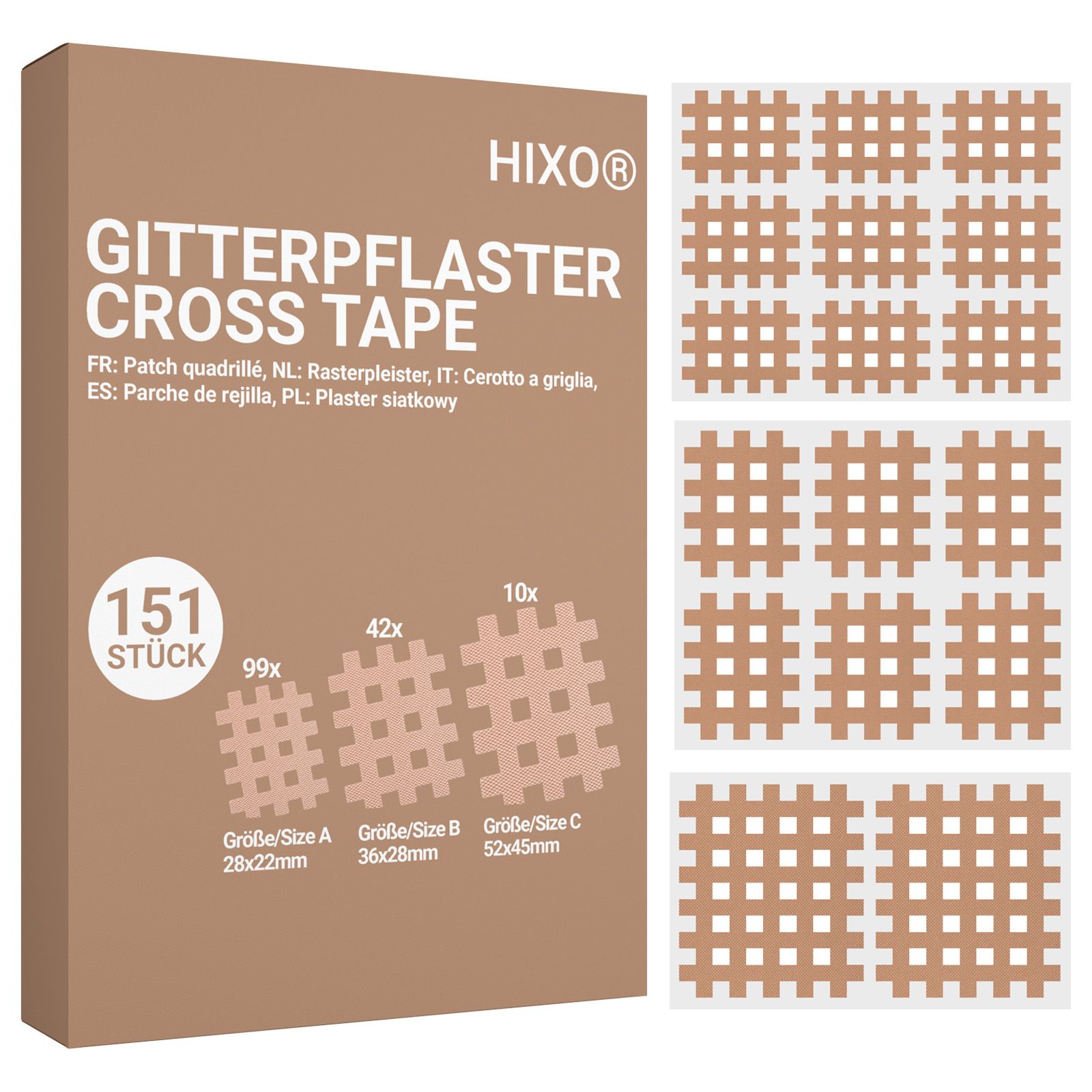 Emballage et différentes tailles de HIXO Gitterpflaster Cross Tape.