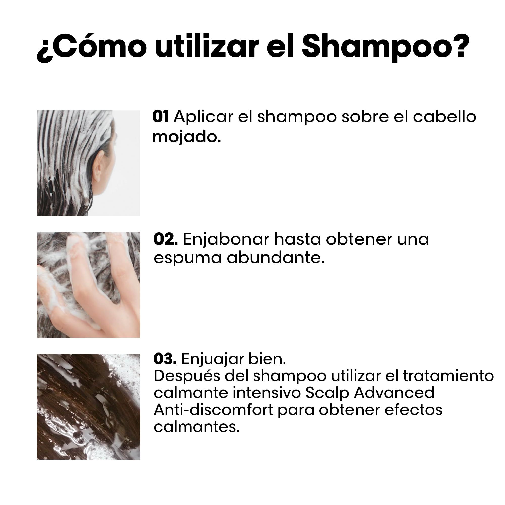 Drie afbeeldingen tonen het gebruik van de shampoo. 1. Aanbrengen op nat haar. 2. Opschuimen. 3. Grondig uitspoelen.