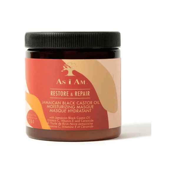 Pot marron avec couvercle noir. Inscription: As I Am, Restore & Repair, Jamaican Black Castor Oil Moisturizing Masque.