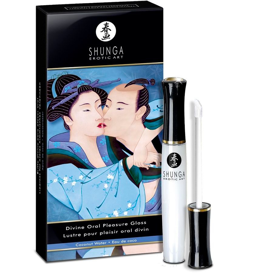 Shunga Oral Pleasure Gloss saveur Eau de Coco. Applicateur blanc avec manche noir.