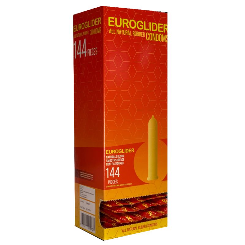 Boîte de 144 préservatifs Euroglider, montrant un préservatif et des emballages accessibles.