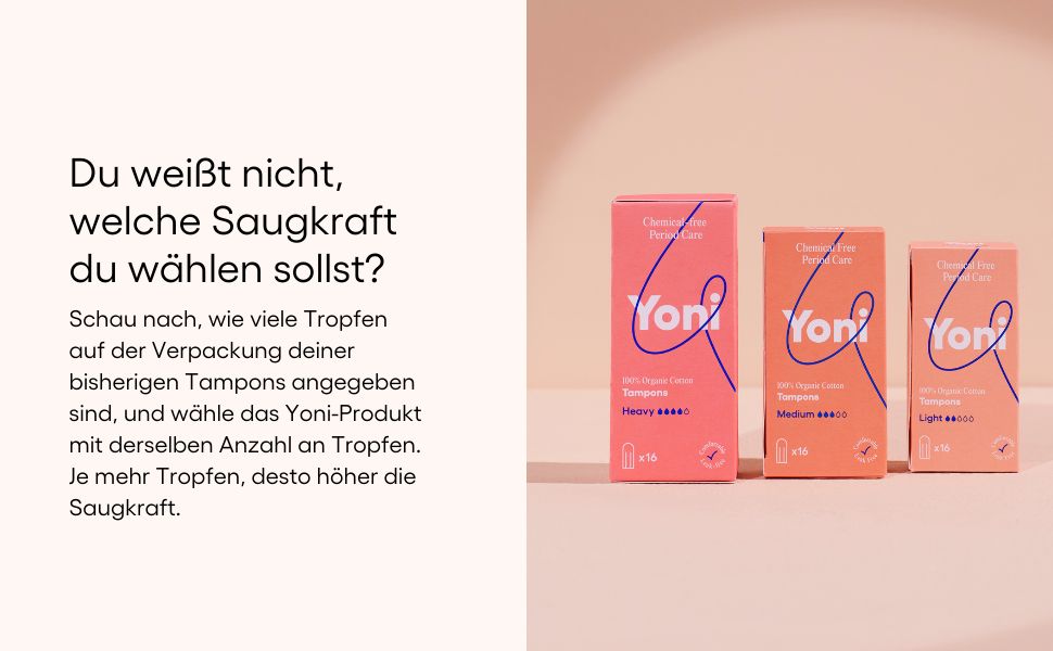 Tekst: Welke absorptie kiezen? Drie pakjes Yoni tampons: Heavy, Medium, Light. Achtergrond: roze.