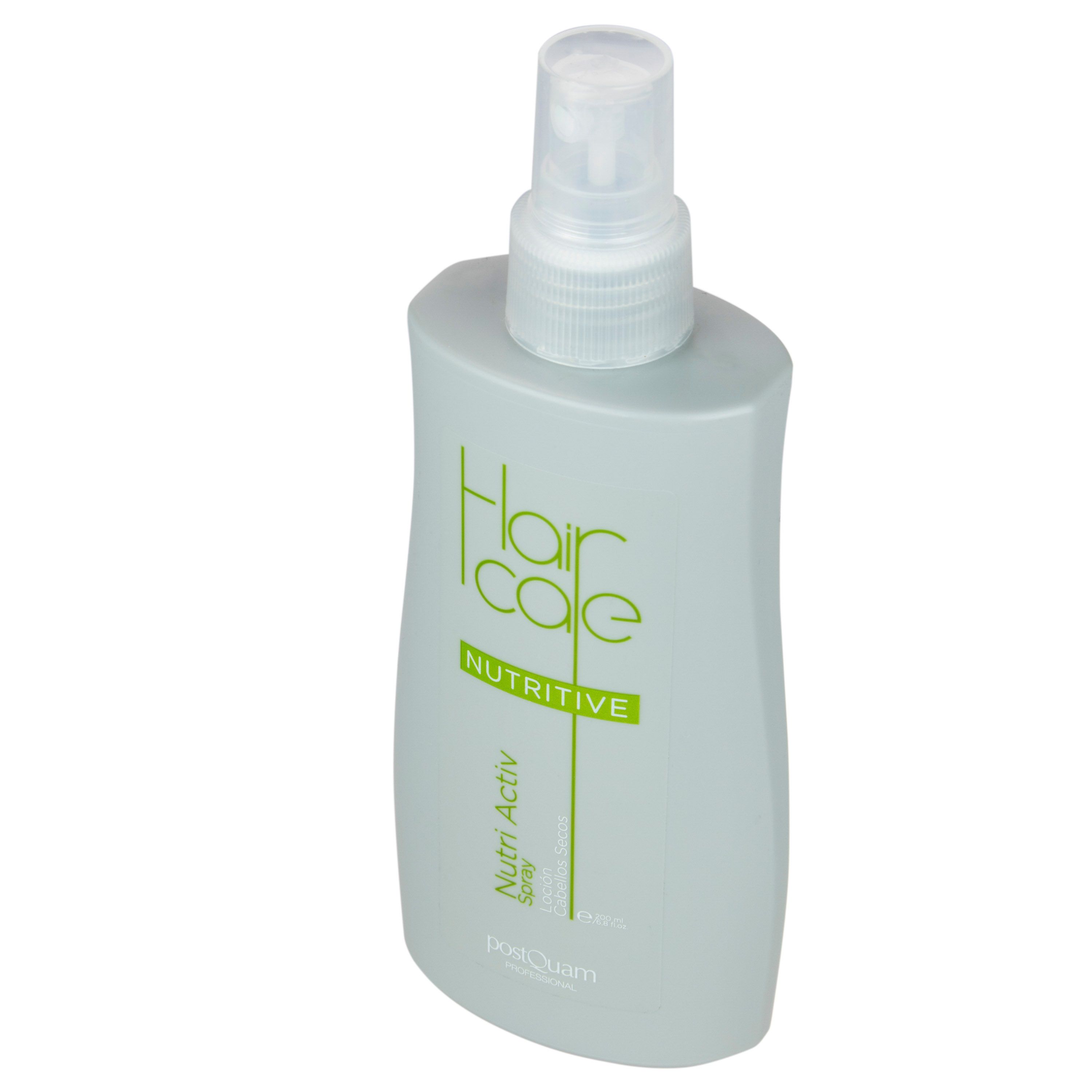 Flacon spray gris avec tête de pulvérisation blanche. Inscription: Hair Care Nutritive Spray, Postquam.