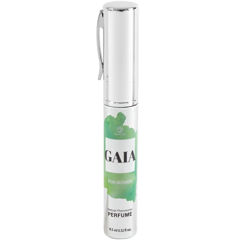 Parfum Gaia for Women dans un flacon pulvérisateur argenté avec un design aquarelle vert. 9,5 ml.