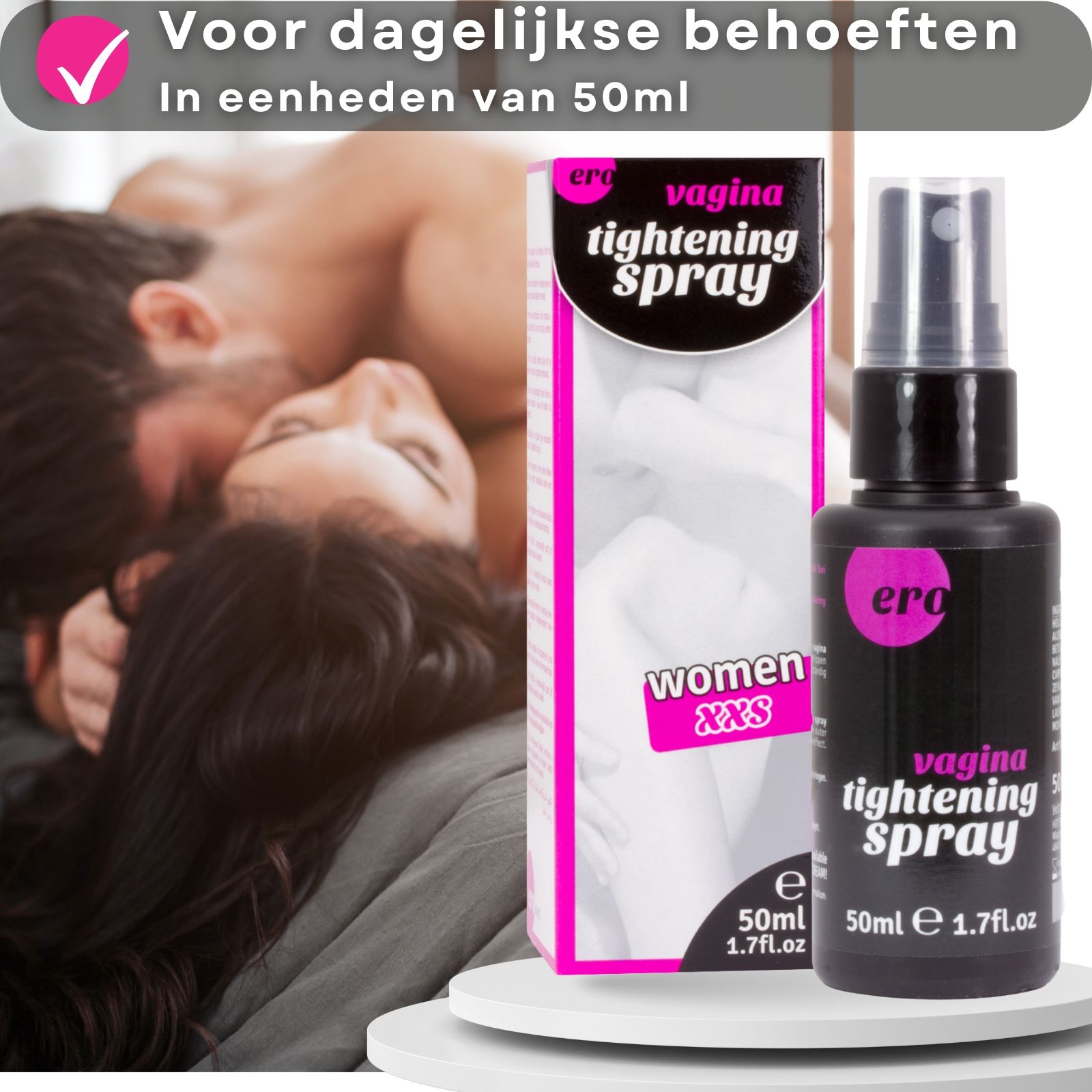 Sprayfles en verpakking. Ero, Vagina Tightening Spray. Tekst: Voor dagelijkse behoeften. Paar in bed.