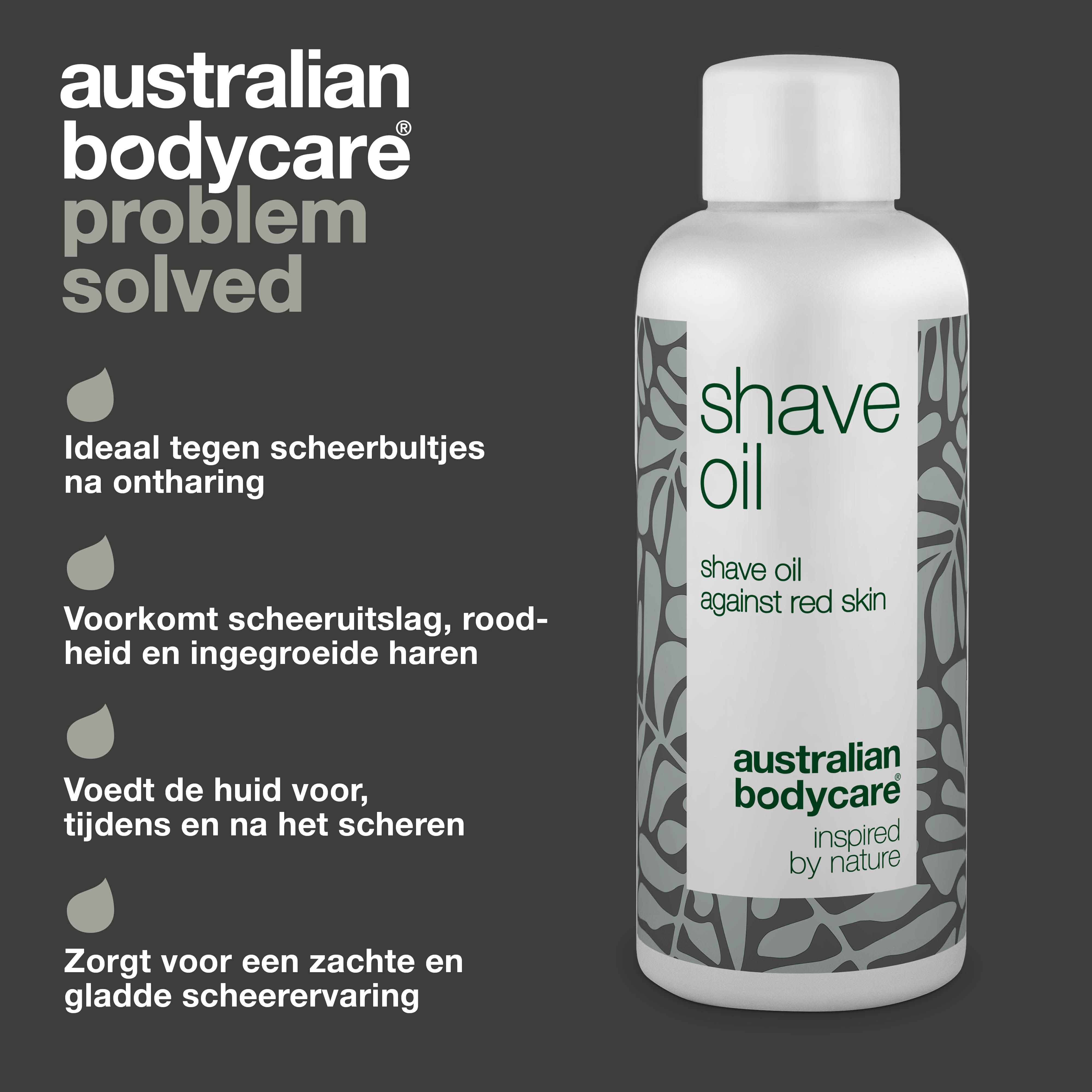 Fles 'Shave Oil'. Tekst: tegen scheerbultjes, roodheid en ingegroeide haren. Zacht scheren.