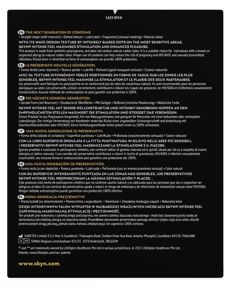 Description du produit en noir avec texte multilingue. Contient des informations sur les ingrédients et l'utilisation.