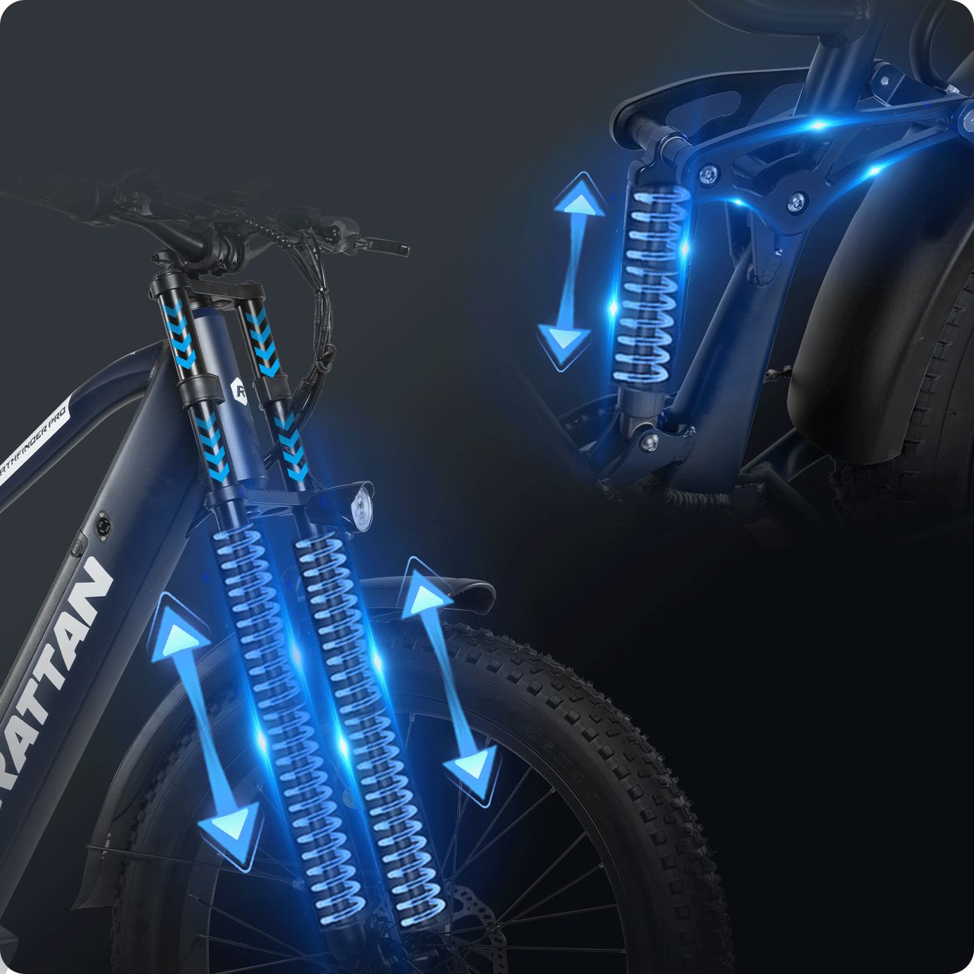 Détail de la fourche avant. Flèches bleues indiquant la suspension. Logo RATTAN visible. Suspension e-bike.