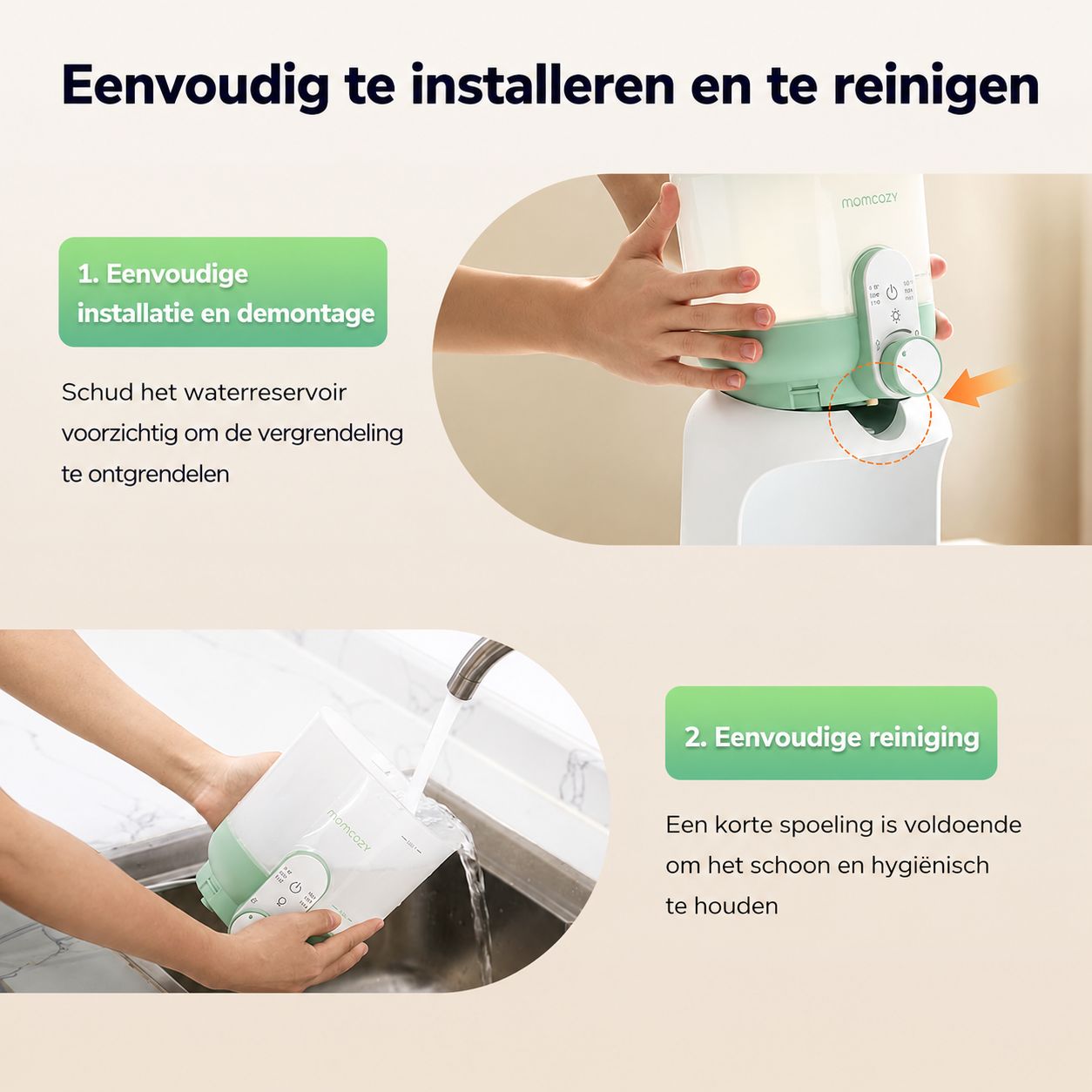 Babyflessterilisator in wit en groen, toont installatie- en reinigingsstappen.