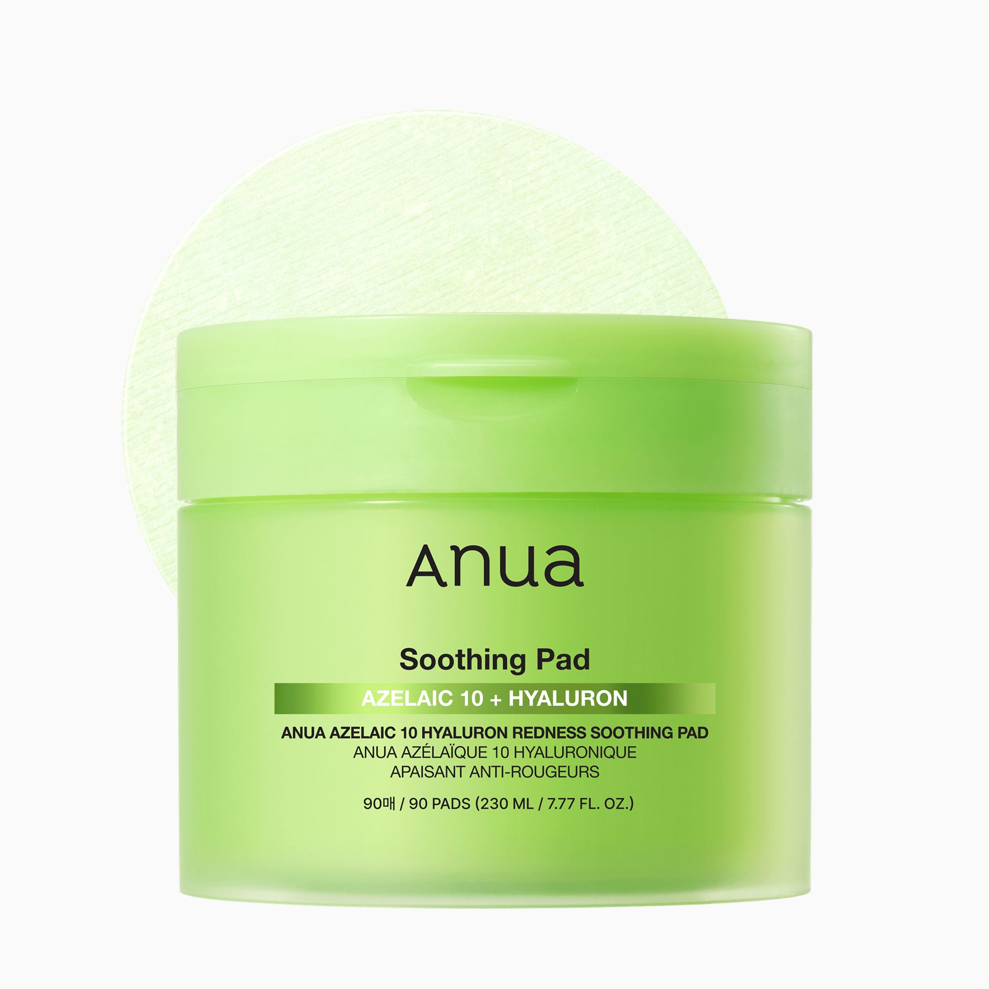 Anua Azelaic Acid 10 Hyaluron Serum Pads dans un pot vert.