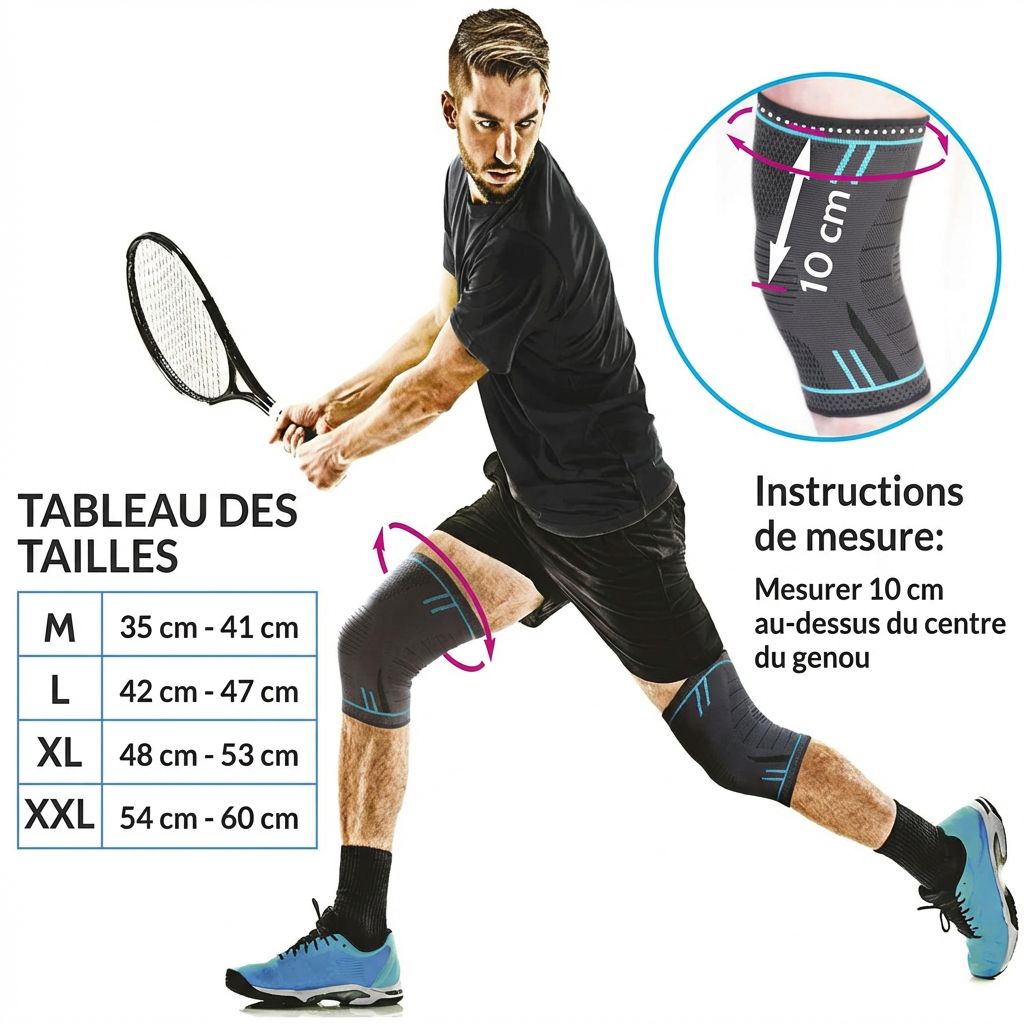 Tableau des tailles des genouillères. Tailles M-XXL. Instructions de mesure : 10 cm au-dessus du genou.