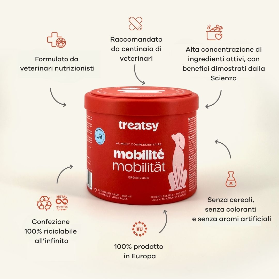 Graphique Treatsy Mobilité avec icônes. Emballage 100% recyclable, 100% fabriqué en Europe.