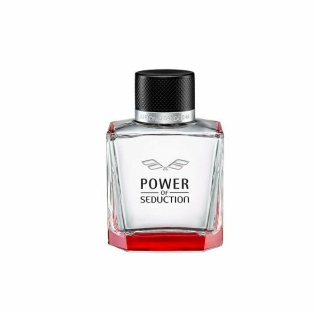 Glazen flacon met zwarte dop en rode voet, met de productnaam "Power of Seduction".