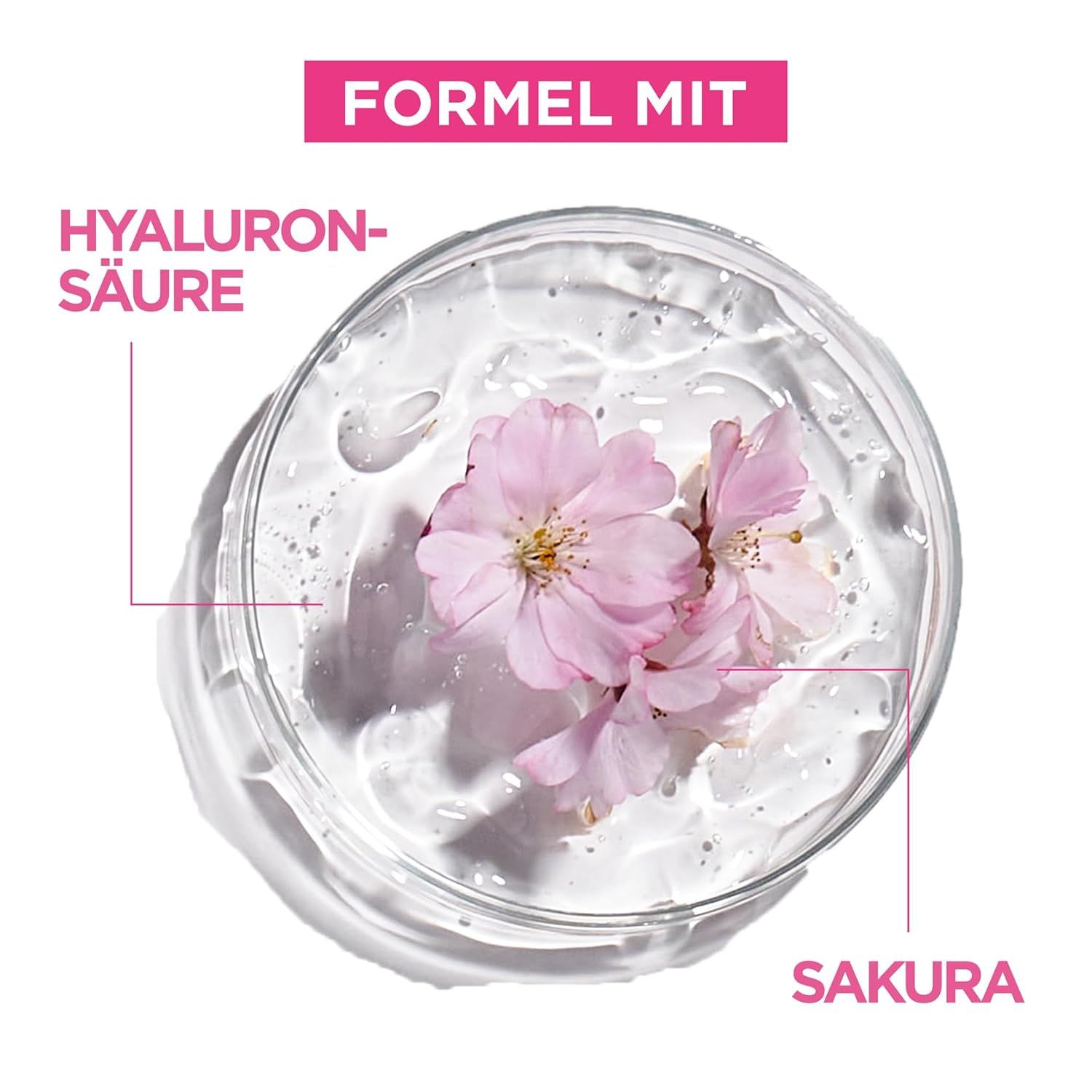 Schaal met hyaluronzuur en Sakura bloemen. Tekst: Formule met hyaluronzuur en Sakura.