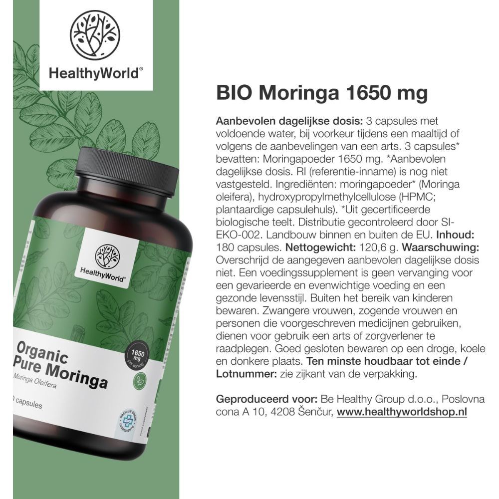 Tekst met fles: BIO Moringa 1650 mg, 180 capsules. Tekst: Dosering, ingrediënten, waarschuwingen. Merk: HealthyWorld.