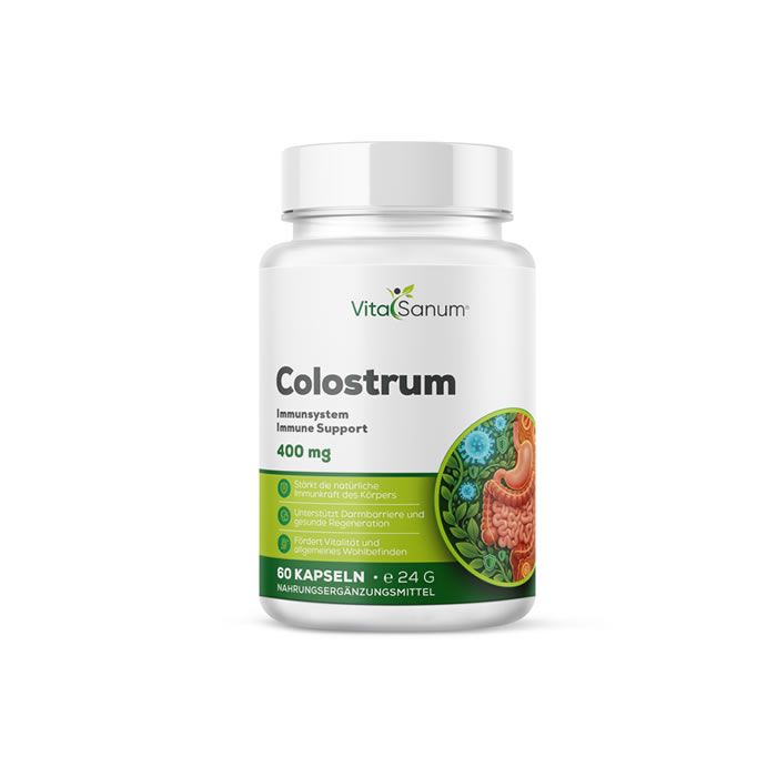 VitaSanum Colostrum capsules: Witte pot met 60 capsules, 400 mg. Toont darmen en immuunsysteem.