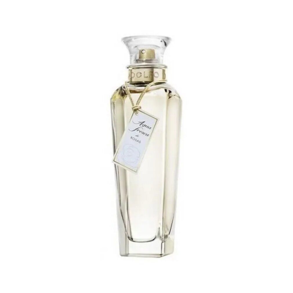 Adolfo Dominguez Agua Fresca de Rosas Eau de Toilette Spray. Flacon transparent avec bouchon doré et étiquette.