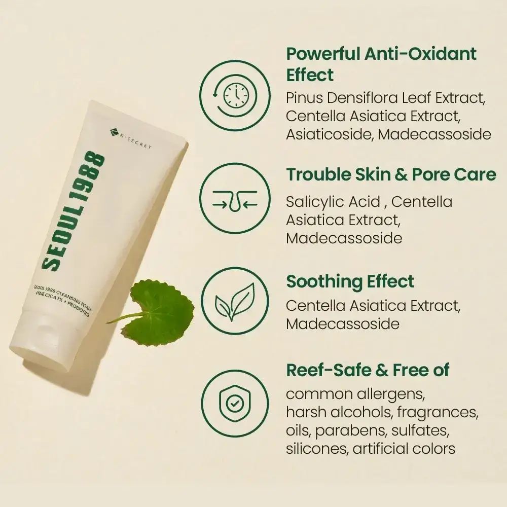 Informations sur le produit avec icônes. Antioxydant, soin de la peau, effet apaisant. Sans danger pour les récifs et sans allergènes.