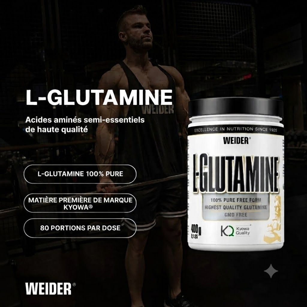 Pot Weider L-Glutamine (400g) à côté d'un homme faisant du sport. Texte sur les acides aminés purs.