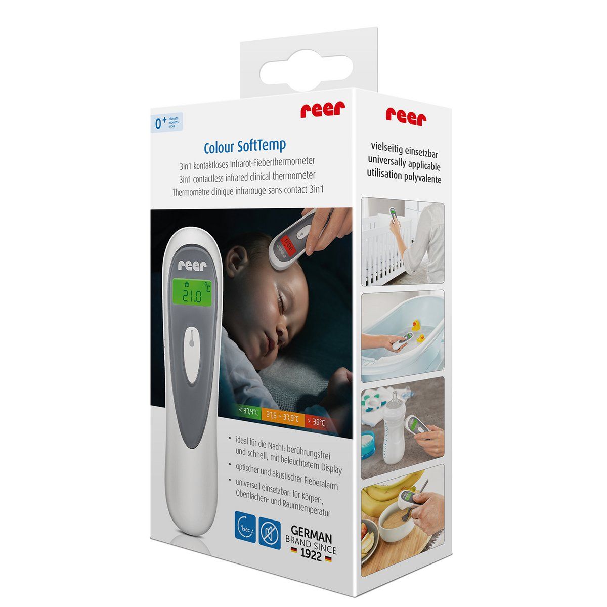 Emballage du thermomètre infrarouge sans contact. Marque : reer. Illustrations du produit montrent les utilisations.