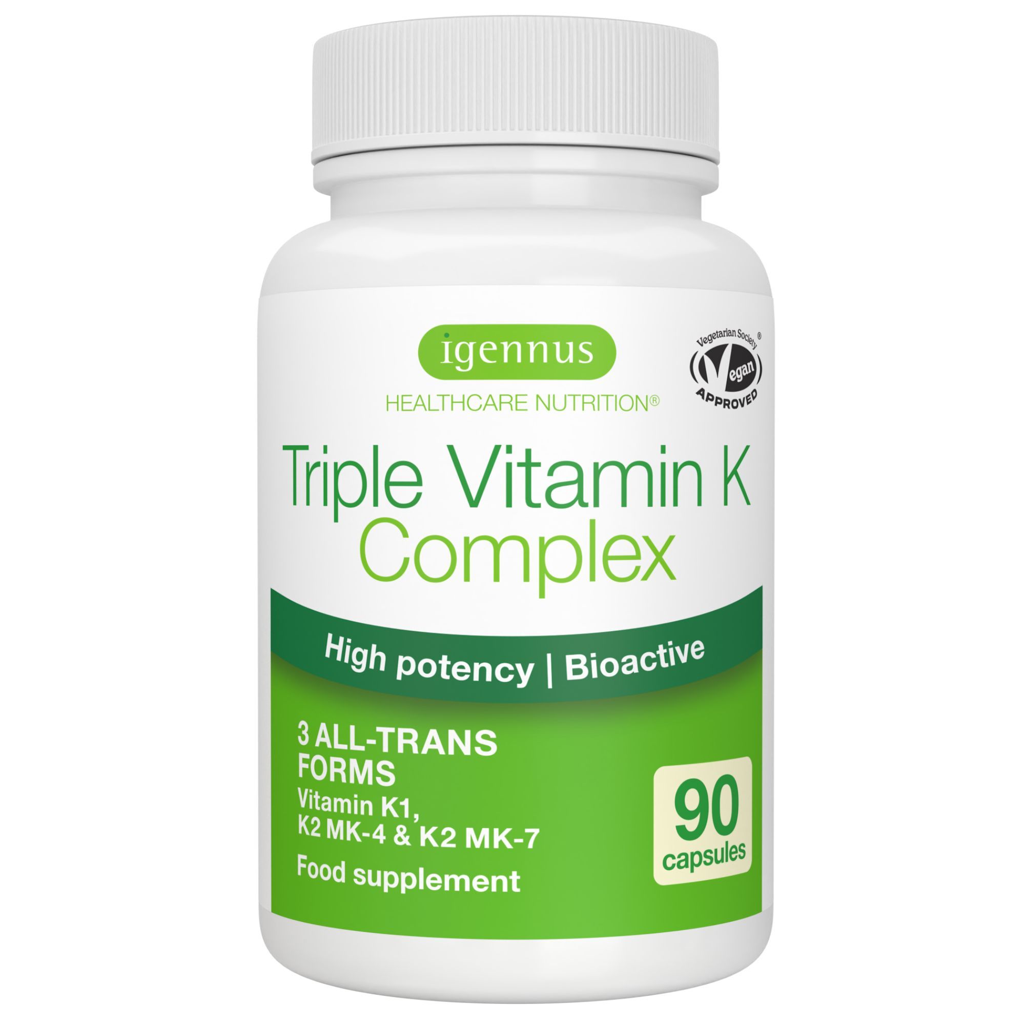 Witte fles Igennus Triple Vitamin K Complex, 90 capsules.