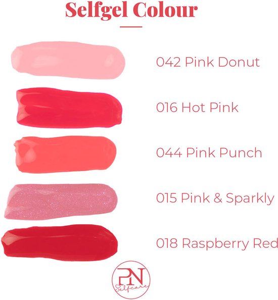 Exemples de couleurs de vernis à ongles. Couleurs : 042 Pink Donut, 016 Hot Pink, 044 Pink Punch, 015 Pink & Sparkly, 018 Raspberry Red.