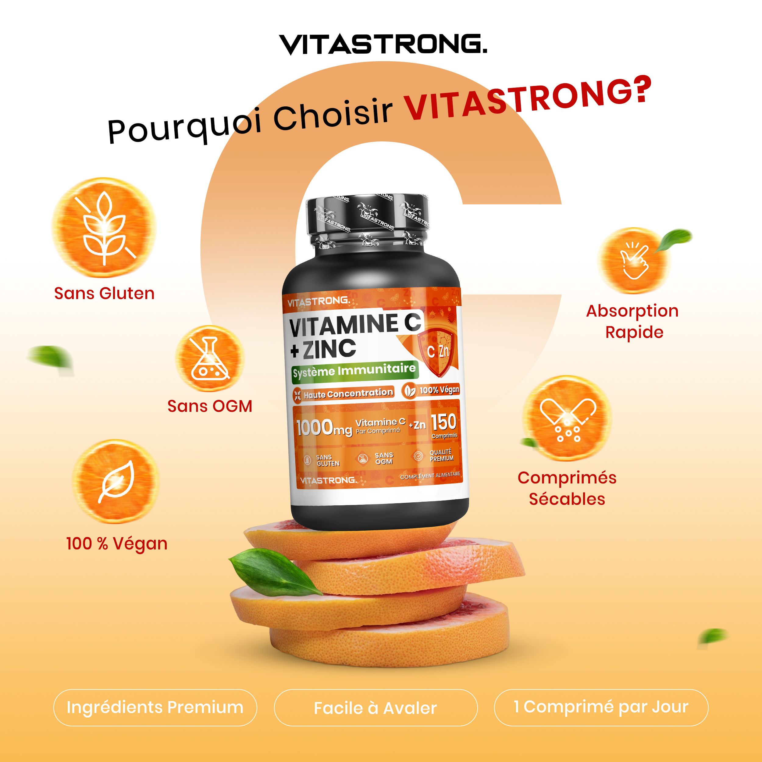 Vitastrong Vitamine C + Zink fles, sinaasappels. Tekst over gezondheidsvoordelen.