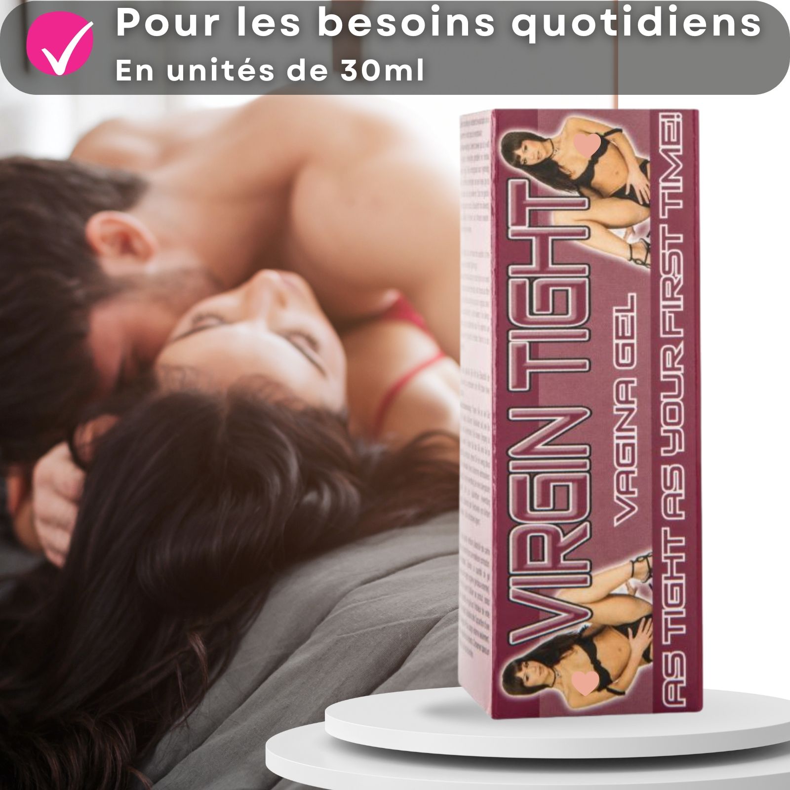 Tube blanc et rose VIRGIN TIGHT VAGINA GEL. Emballage avec image du produit. Couple en arrière-plan.