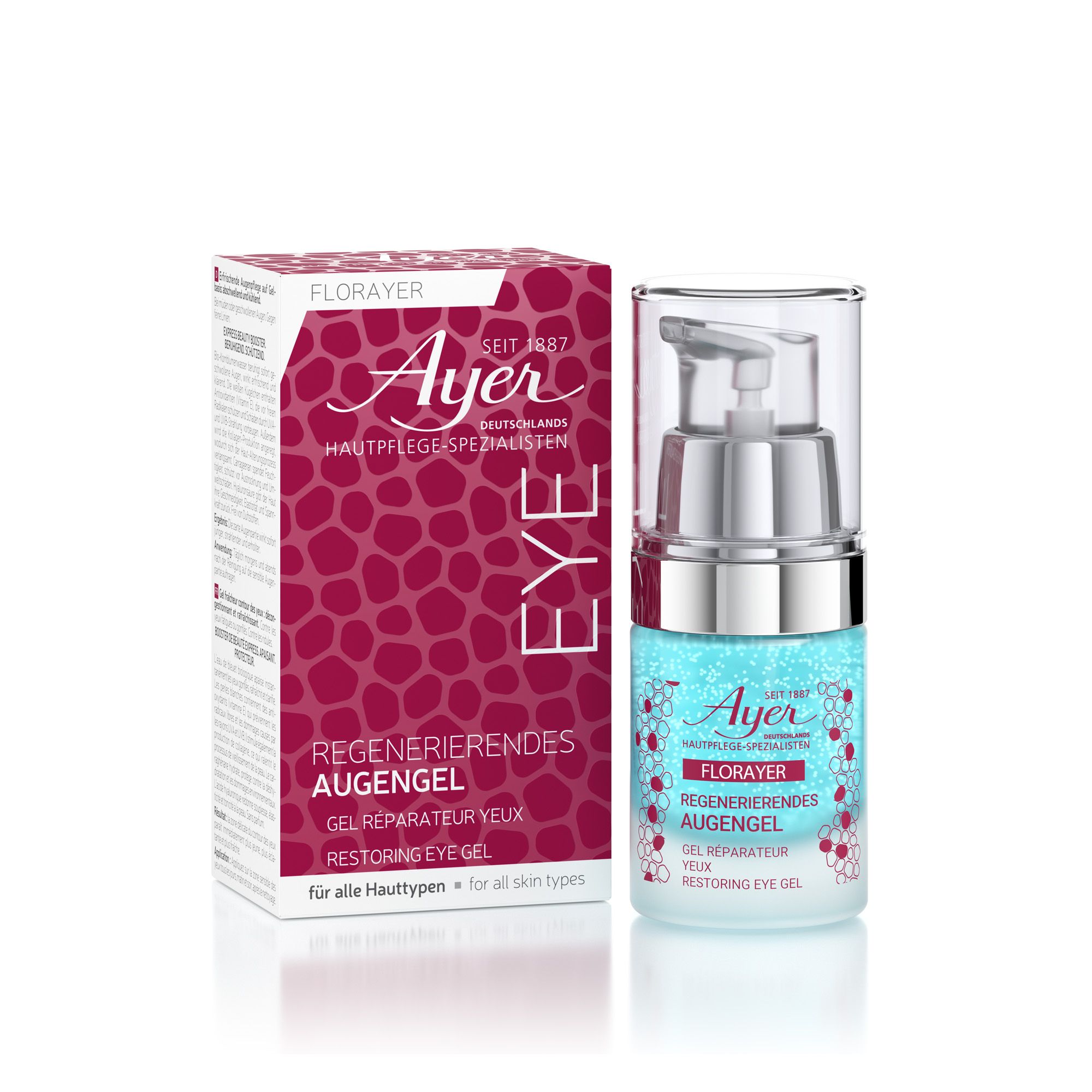 Gel pour les yeux Ayer FlorAyer et emballage. Flacon avec pompe à côté de la boîte. Inscription: Gel réparateur yeux.