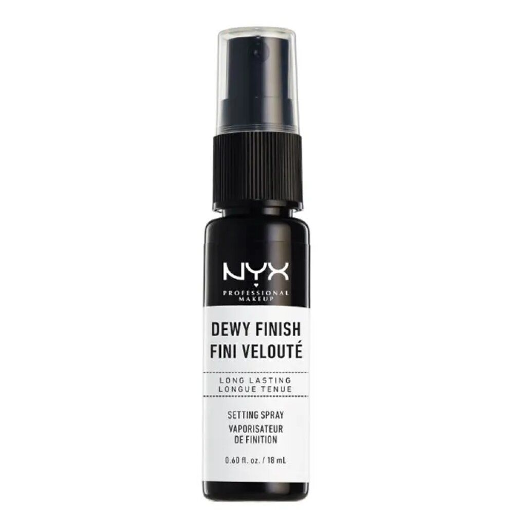 Zwarte spuitfles met wit etiket. Opschrift: NYX Professional Makeup, Dewy Finish, Fini Velouté, Setting Spray.