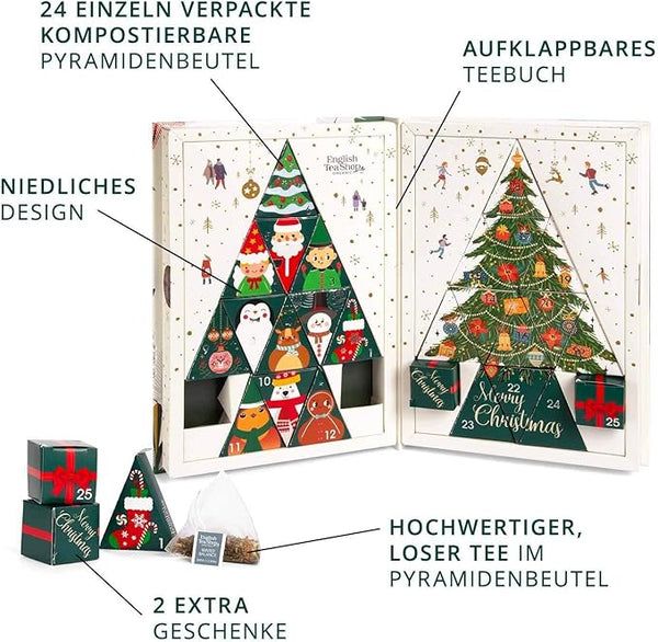 Adventskalender geopend met theezakjes en geschenkdozen. Kerstboomontwerp. Logo: English Tea Shop. Opschrift: Merry Christmas. Tekst: 24 individueel verpakte piramidezakjes.