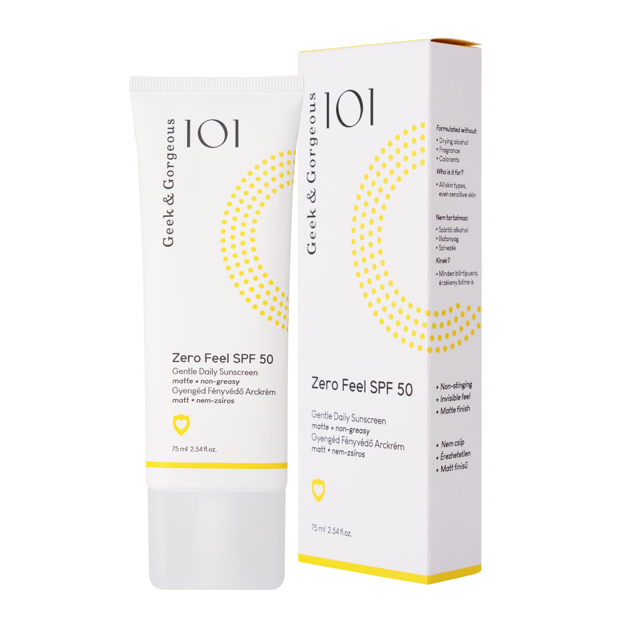 Tube et boîte blanches "Zero Feel SPF 50". Accents jaunes. Marque : Geek & Gorgeous.